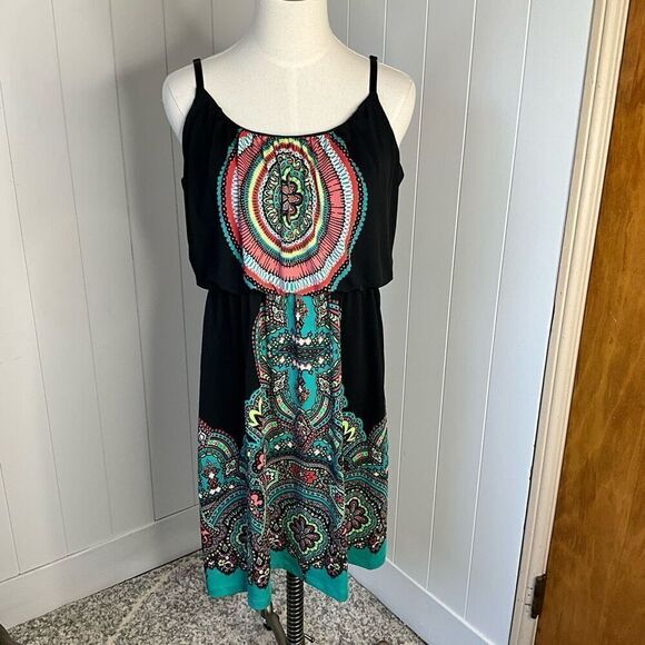 Studio Y Womens Size Large Mini Sundress Black Turquoise Print Adjustable Straps - Picture 1 of 12